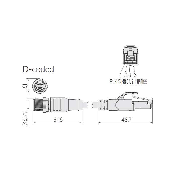 M12 4Pin D-coded、公頭直型轉(zhuǎn)RJ45公頭直型、雙端預(yù)鑄PVC非柔性電纜、帶屏蔽、黃色護(hù)套、0C4168-XXX
